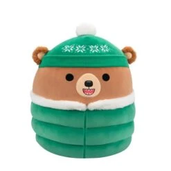 JAZWARES Squishmallow 12 Inch Stokely The Bear With Green Puffer Jacket Christmas Plush Toy